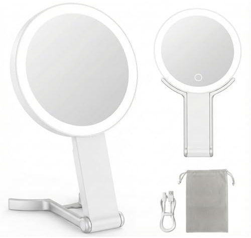 Magnifying Mirror with Light 1X/10X, Travel Lighted Makeup Mirror with Magnification, Make Up Mirror Stand Up Double Sided, Magnified Travel Mirror with Lights, 3 Light Colors & Dimming (White)
