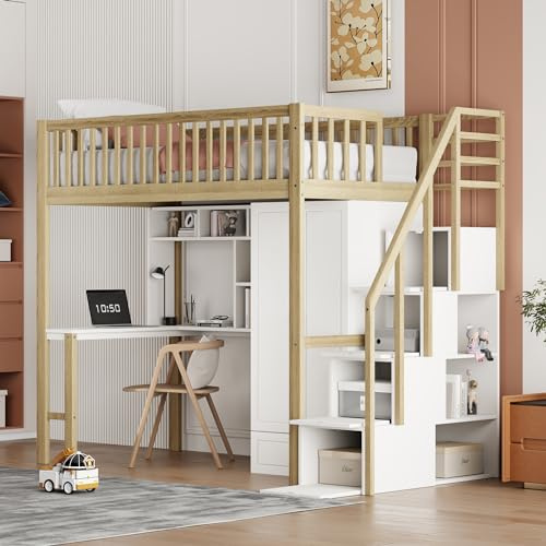 Kayan Hochbett 90 x 200 mit großem Kleiderschrank Regal und Tisch, Stauraum Treppe Mehrzweckbetteinheit Holzbettgestell (Natürliche)