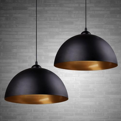 Hobaca Modern Industrielle Kochtopfdeckel Pendelleuchte-2 x Vintage Hängeleuchte Ø30cm Breite Lampe Kronleuchter aus Eisen Hängelampe E27 Lampenfassung Deckenleuchte für Küche Wohnzimmer-Schwarz Gold
