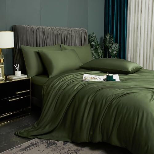 Bambus Bettwäsche Grün 200x220cm Sommerbettwäsche Olivgrün Uni Bambusfaser Bettbezug-Set Atmungsaktiv und kühl Deckenbezug Weiche Doppelbett Bettbezug mit Reißverschluss und 2 Kissenbezüge 80x80cm
