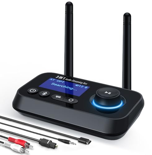 Ainostone 3-in-1 Trasmettitore Ricevitore Bluetooth per 2 Cuffie Adattatore Audio Bluetooth 5.3 con Cavi Bypass Aux/Ottico/RCA ON/off Automatico LCD Display Controllo Volume per TV Stereo Casa PC