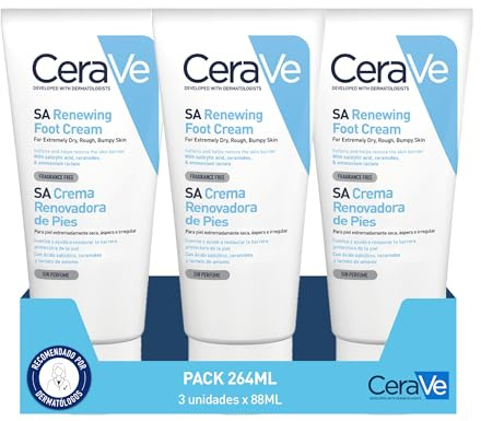 CeraVe SA förnyande fotkräm 3 x 88 ml, för extremt torra, hårda och irriterade fötter, exfolierar och kraftigt återfuktar, med salicylsyra, 3 essentiella ceramider och ammoniumlaktat.