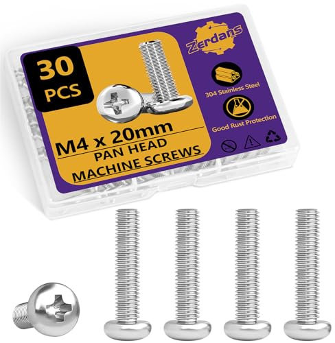 30pcs M4 (4mm x 20mm) Machine Screws Pan Phillips Cross Head Machine Screw Fasteners Bolt Set - for Machinery, Furniture, Car, Motorcycle Repair, Electronic Products, Ship Assembly, and DIY