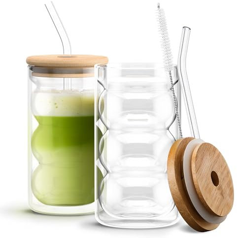 HAPPY PATH & CO - Juego de 2 vasos de burbujas acanalados de 480 ml, 2 vasos transparentes con 2 pajitas de vidrio dobladas, 2 tapas y cepillo de limpieza, para café helado, matcha, cócteles, batidos,
