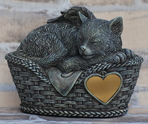 MystiCalls Katzenurne grau als Katzen-Engelfigur im Korb - Gravurplatte, Tierurne, Urne