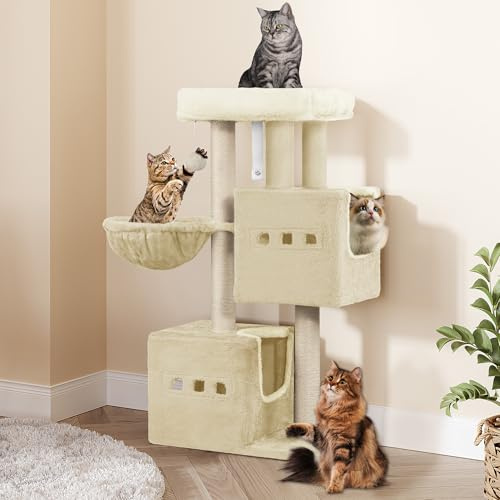 Hzuaneri 98 cm Kratzbaum, Katzenbaum, kratzbaum klein, Beige | Mehrstöckiger Kratzbaum mit Sitzstange, Katzenhausmöbel mit 2 Höhlen, Sisal Katzenkratzbaum, Hängematte, Höhle, MS10018YL