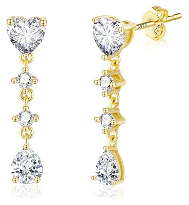ALEXCRAFT Orecchini Pendenti con Zirconi per Donna Oro, Orecchino Pendenti Cuore con Cristallo Dorato da Banchetto, Elegante, Brillanti, Leggero, AAA+ Strass, Pendenti Goccia Argento 925 Post