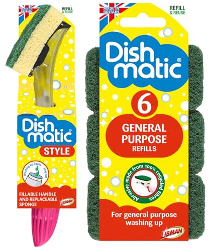Washing Up Sponges Bundle With Washing Up Sponge Head with Fillable Liquid Dispensing Handle & 6 pk Refill Sponges (Refills)