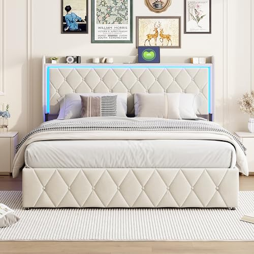 MOTUZP Polsterbett 140 x 200 cm, Polsterbett Doppelbett Bettanlage mit Kopfteil, Kopfteil mit LED und USB Ladestation, Stabiler Bettrahmen mit Lattenrost, Beige Samt (Beige-B)