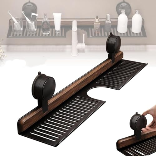 Estantería de baño con ventosa de madera de nogal, estantería de almacenamiento para grifos de baño, estantería de pared sin taladrar, estante de lavabo montado en la pared para dormitorio, caravana