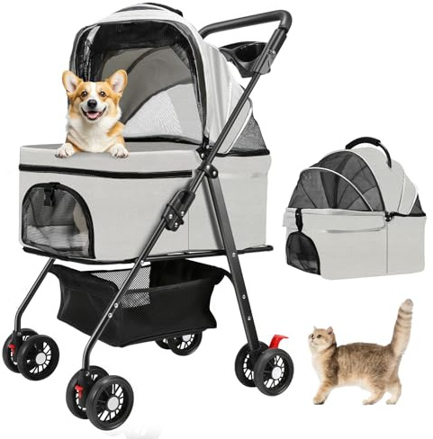 AODI Pet Stroller for Small Dogs and Cats with 4 Wheels, Foldable Dog Stroller with Detachable Carrier, Sun Shades, Storage Basket & Cup Holder, Up to 15 kg