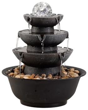 HAGJII Modern Indoor Tabletop Fountain for Console Table Decor, Tabletop Water Fountain with Colorful Lights and Rolling Ball 4-Bowl Rockery Relaxing Soothing Sound(L)