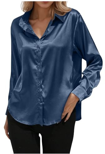 Camicetta da donna a maniche lunghe, elegante, in satin, con bottone, autunnale, in seta, con bottoni, scollatura a V, manica lunga, con scollatura a V, elegante, per feste, Blu marino, XXL