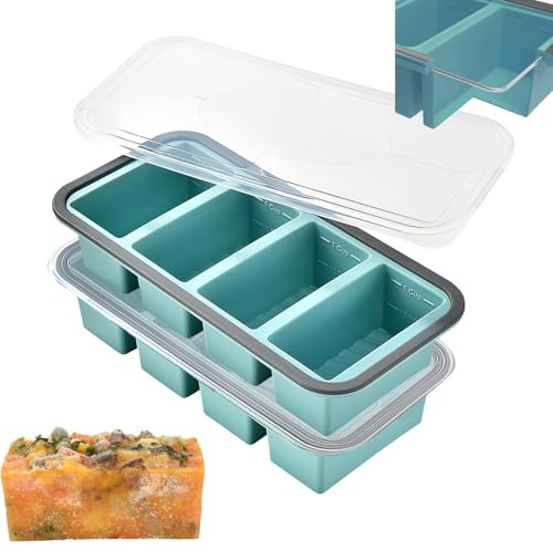 Theuwnee 2-Pack Silicone Freezer Tray with Lid - Soup Freezer Container molds - Large Ice Cube Tray-Freezer Storage Food Soups & Meal Prep (Blue, 4+4)