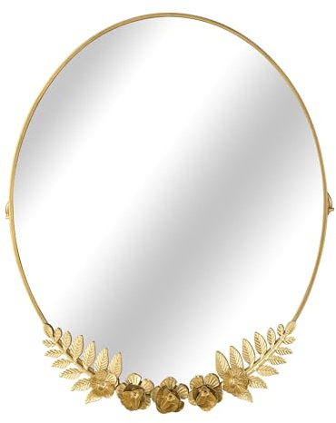 Synovana Golden Desk Oval Makeup Mirror with Blossoming Floral Accents – Lightweight Decorative Tabletop Vanity Mirror for Living Room, Bedroom, 10.04 x 11.81 Inches