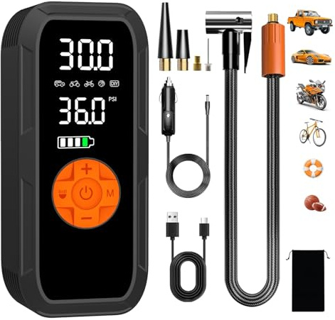 Vulisox Corded/Cordless Tyre Inflator Portable Air Compressor, 6000 mAh 150PSI 12V DC Electric Tyre Pump with LED Lights Emergency, Auto Shut-Off, Rechargeable as Power Bank, for Car, Bike,Ball