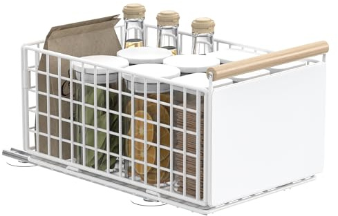 YheenLf 1 Pièce Tiroir Rangement Cuisine Placard, 39.5×23.5×19.5cm, Blanc | Panier Coulissant Adhesif,Organiseurs d'Armoires,Organisation de Placards, Facilité D'Installation,Schubladen Organizer