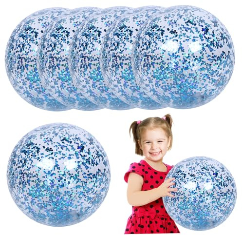 SHITOOMFE Glitzer-Wasserball, Strandbälle, 6 Stück, Glitzerball mit Inflator, 61 cm, aufblasbare Bälle, Pool mit funkelndem Konfetti, Poolspielzeug für Sommerpartys, Blau