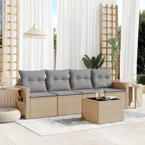 JHQHSM Set di 5 divani da giardino con cuscino, beige, polyrattan, design modulare con vano portaoggetti e sacchetto impermeabile, ripiani pieghevoli, rivestimenti rimovibili, resistenti alle