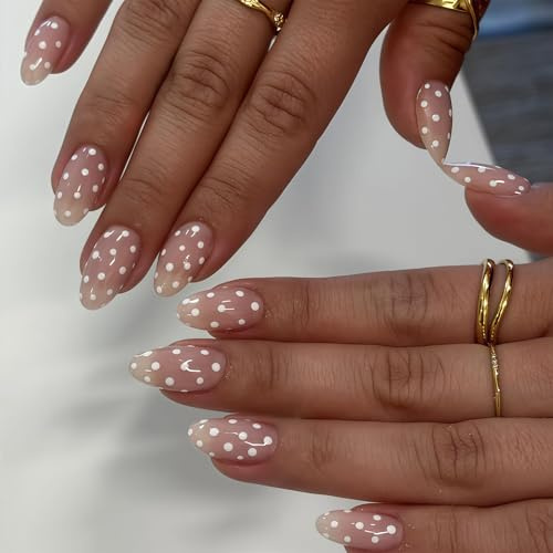 Vesavifaka Uñas Postizas Almendra Puntos Blancos 24 Piezas, Uñas Artificiales Adornadas con Diseño de Lunares, Uñas Acrílicas Brillantes para Pegar, Kit de Uñas Falsas con Pegamento de Gelatina para