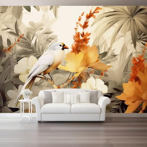 Carta da Parati Eleganza E Armonia Fiori Uccelli da Parati Autoadesiva, Beige Carta Adesiva Foto Murale Rotolo per Camera da Letto Soggiorno Corridoio 150 x 105 cm（WxH