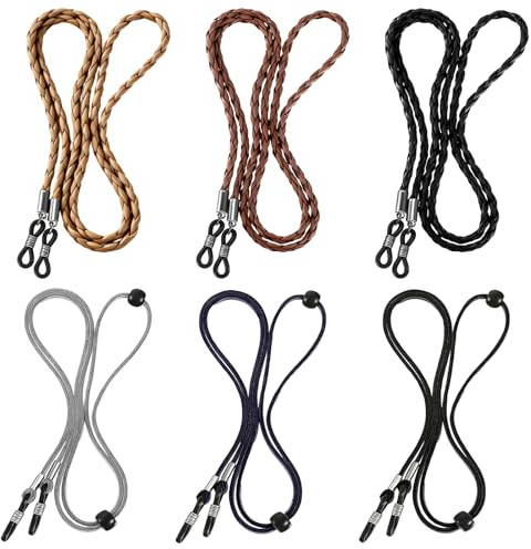 6 Stück Brillenband Herren Damen Sport, Brillenkette, 3 Wildleder + 3 PU Leder Brillenkette, Verstellbare Brillenbänder 67.5-70cm, Anti-Rutsch Brillenschnur für Sonnenbrille Lesebrille Outdoor Alltag