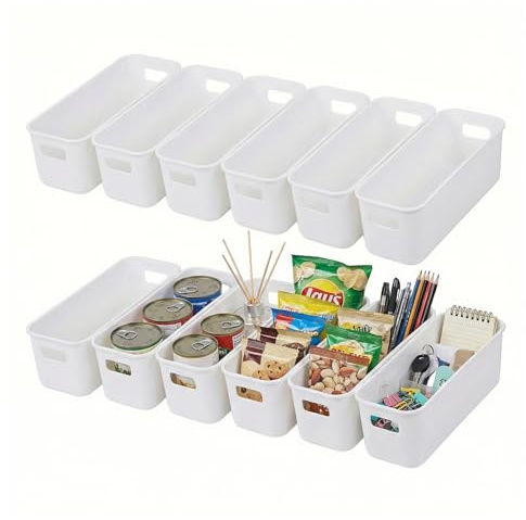 12 Stück weiße Aufbewahrungsbox mit Griffen, 22 x 8.5 x 6.5 cm Kunststoff Organizer Box, Aufbewahrungsbox Klein, Stapelbare Aufbewahrungskörbe für Küche, Badezimmer, Schrank & Büro, Schmale Ordnungsbo