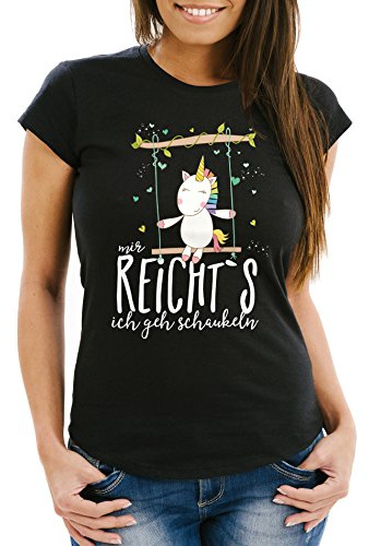 MoonWorks Damen T-Shirt Einhorn auf Schaukel Mir reicht`s ich GEH schaukeln Spruch Slim Fit