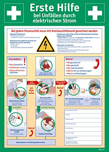 Erste Hilfe Schild bei Stromunfällen 400 x 560 mm - Anleitung zur Ersten Hilfe, Hart-PVC Betriebsschild, Rettungszeichen, ein- oder beidseitig, DIN EN ISO 7010 Sicherheitskennzeichnung