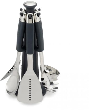 Joseph Joseph Elevate Lot de 6 Ustensiles de cuisine en Nylon, Antiadhésif et Résistant à la chaleur jusqu'à 200 ℃ avec Porte-Ustensiles Rotatif, Inox/Noir