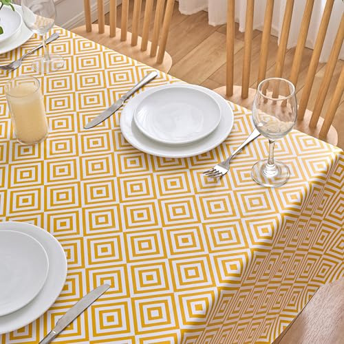Dehaus® Wipe Clean Table Cloth - Ochre Geo Diamond - Yellow PVC Oilcloth Table Cover - Rectangular Plastic Vinyl Tablecloth - Water Resistant Easy Clean - Kitchen Dining Protector (140 x 200cm)