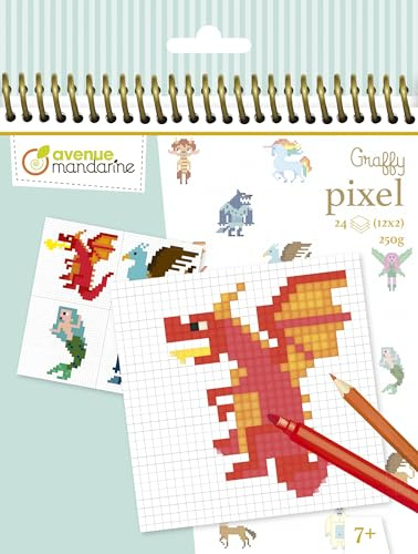MY MANDARINE GY098C - Un carnet de coloriage Graffy Pixel - 24 pages à colorier (12 modèles x 2 - 24 feuilles quadrillées vierges) - À partir de 7 ans - CREATURES FANTASTIQUES