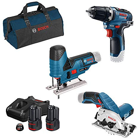 Bosch Professional 0615990M05 12V System Bohrschrauber GSR 12V-35 + Kreissäge GKS 12V-26 + Stichsäge GST 12V-70 (+2x3.0Ah Akku + Ladegerät GAL 12V-40, in Tasche), Kit