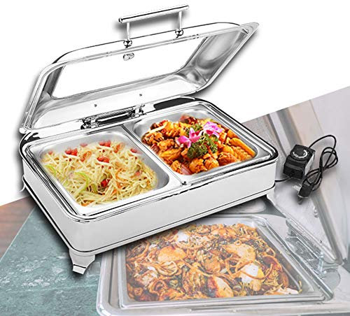 Aprilhp Chafing Dish Buffetwärmer Speisenwärmer Warmhalteplatte, Elektrisch, Warmhaltebehälter Essen, Edelstahl, 9L, Temperaturregler+HydraulikwelleFull Size with 1/2 Inserts