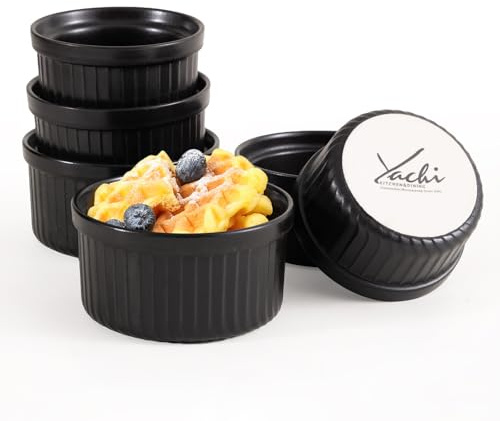 Yachi Ramekins Black, 4 oz 6 Pieces Ceramic Baking Ramekin Set of 6 Stoneware Bakeware Serving for Sauces Dipping Onion Soup Lava Cake Flan Creme Brulee Kit Pudding Mini Custard Ramekins Oven Safe Mini Custard Cups small Bowls for Souffle Merry Christmas