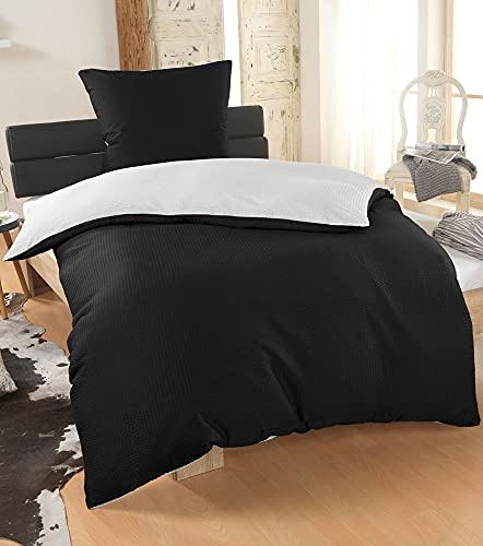 MALIKA® Ropa de cama Seersucker de 155 x 220 cm con funda de almohada de 80 x 80 cm | certificado Öko-Tex Standard 100 | ropa de cama fina de microfibra | negro/blanco