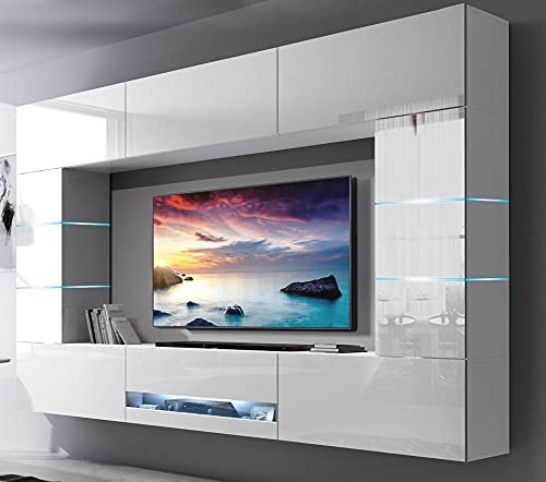 Furnitech Wohnwand Wohnzimmer | LED RGB - 16 Farben | Hängend Modern | Schrankwand mit Regalen und TV-Schrank