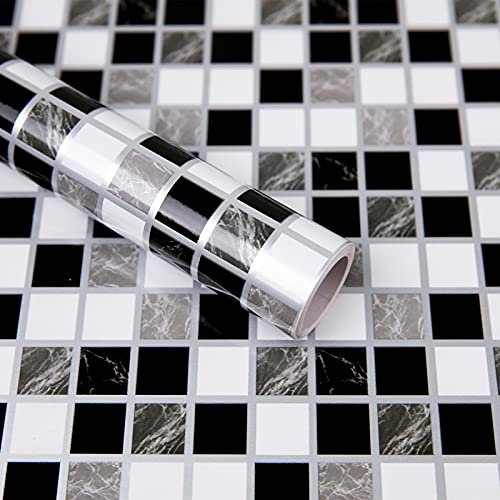 Hode Fliesenaufkleber Mosaik Fliesen Folie 30X300cm Schwarz und Weiß Möbelfolie Selbstklebend für Küche Badezimmer Bad DIY Dekorfolie Wasserdichtes Vinyl Tapete