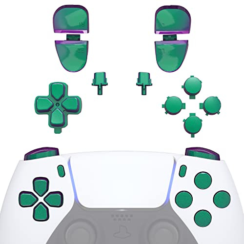 eXtremeRate Ersatz Tasten Set für ps5 Controller BDM-030/040/050/060 Model, DIY-Knöpfe Glossy D-Pad Trigger Bumper Buttons Option/Share Knopf Aktionstasten Ersatzteil für ps5 Controller–Grün Lila