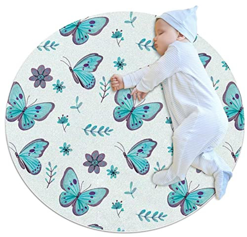 Tappeto da bagno con motivo di farfalle blu e fiori di salice, antiscivolo, per divano, camera da letto, cameretta dei bambini, diametro 0,7 m