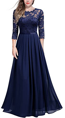 MIUSOL Women's Retro Floral Lace 3/4 Sleeve Wedding Bridesmaid Maxi Dress (XX-Large, Navy Blue)