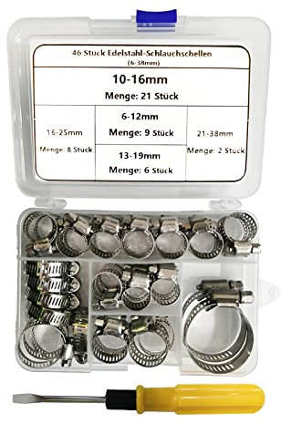46 Stück Schlauchschellen，6–38 mm verstellbares Edelstahl Schlauchklemmen-Set，Rohrschelle，Schlauchbinder，Metallschelle，5 Größen，Geeignet für Haus Gas Rohr, Wasserleitungen, Automobil-Tubing