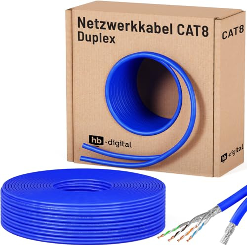 HB-DIGITAL 25m CAT 8 Netzwerkkabel LAN Kabel Verlegekabel Ethernet Installationskabel 40 Gbit/s AWG 22/1 reines Kupfer S/FTP LSZH BauPVO Klasse B2ca Datenkabel Duplex - Blau