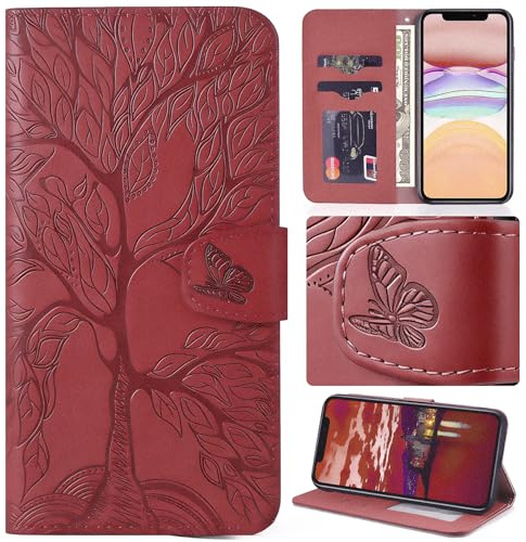 Aisenth Flip Case for Samsung Galaxy A22 5G Wallet Case With Card Holder | Tree of Life Embossed,Magnetic,PU Leather+TPU inner case,Kickstand,2 Card Slots+Cash Pocket+Wrist Strap,Protective,Red