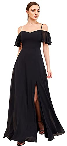 Ever-Pretty Robe de Soirée Longue Femme Épaules Dénudées à Bretelles à Volants Fendue en Mousseline Fluide Noir 40