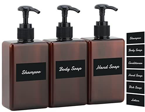 Segus Seifenspender, 3 Stück 280ml Pumpflasche, Shampoo Flaschen zum Befüllen, Soap Dispenser Plastik für Conditioner, Körperseife, Shampoo Spender mit Aufkleber, Bernstein