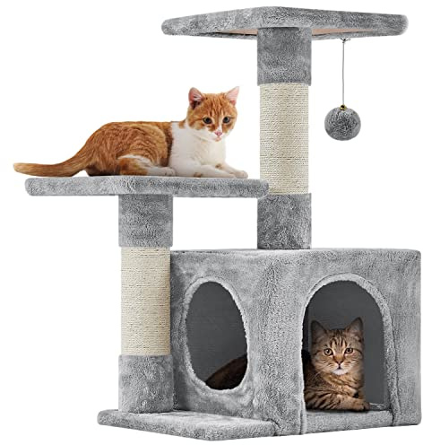 Yaheetech 69 cm Cat Tree 2 Sisal Scratching Posts, Light Grey | Basic Cat Climbing Tree, Cat Tower for Indoor Cats, Roomy Condo, Solid Construction, Hanging Ball