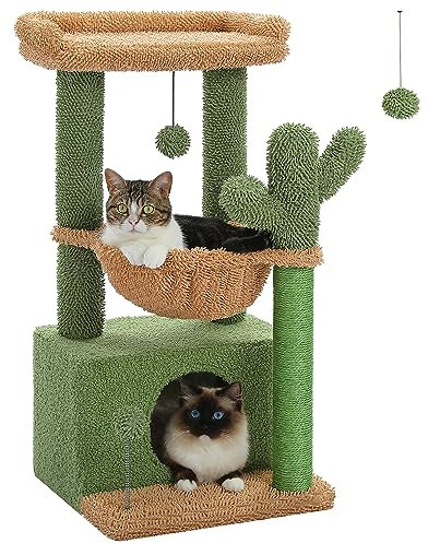PEQULTI 4-in-1-Katzenbaum, Kaktus-Katzenbaum, 83 cm, Katzenturm für Indoor-Katzen mit großer Höhle, Katzenkratzbaum für Katzen mit tiefer Hängematte und gemütlicher Sitzstange, Grün