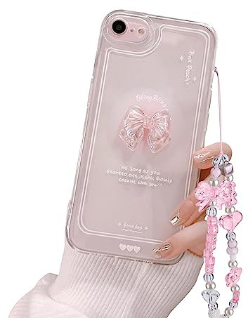 Ownest Compatible with iPhone 7/8 iPhone SE Case, Cute 3D Pink Bowknot Slim Clear Aesthetic Design Women Girls Glitter Sparkly Protective Phone Cases for iPhone 7/8/SE + Crystal Chain