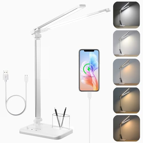 rigors 45cm Doppelkopf Schreibtischlampe, 5 Farb und 10 Helligkeitsstufen, Schreibtischlicht mit Sockel Stifthalter, USB-Ladeanschluss, 45 Min Timer und Memory-Funktion, Bürolampe für Lesen Silbrig